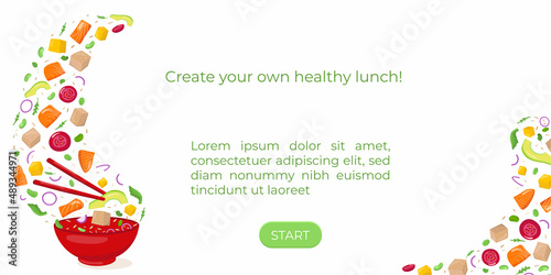 Healthy lunch creator - flying poke bowl ingredients with text. Natural food diet concept. Vector stock illustration for banner, menu fast food restaurant, isolated on white background. 