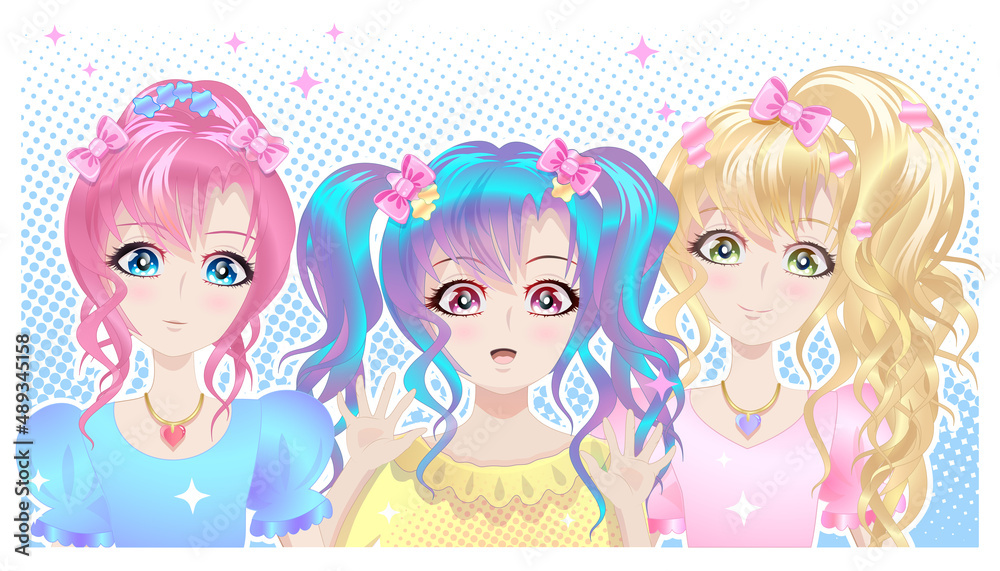 Cute smiling girls in anime style. Background with happy characters in manga and anime style. Cute smiling girls in anime style. Background with happy characters in manga and anime style.