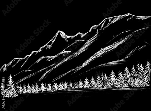 Photography Christmas trees and mountains are white on a black background
