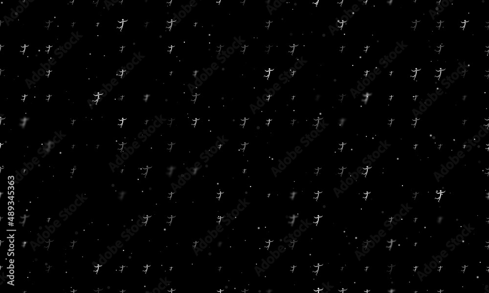 Seamless background pattern of evenly spaced white figure skating symbols of different sizes and opacity. Vector illustration on black background with stars