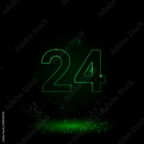 A large green outline around the clock symbol on the center. Green Neon style. Neon color with shiny stars. Vector illustration on black background