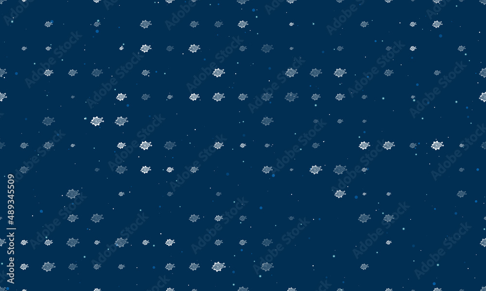 Seamless background pattern of evenly spaced white digital tech symbols of different sizes and opacity. Vector illustration on dark blue background with stars