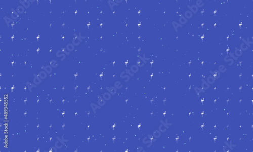 Seamless background pattern of evenly spaced white flamingos symbols of different sizes and opacity. Vector illustration on indigo background with stars