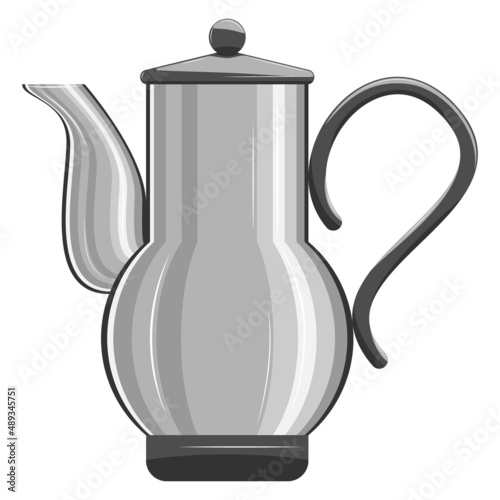 Coffee pot, kettle. A roomy kettle with a metal casing. Kitchen utensils for hot drinks and boiling water. Vector icon, cartoon, complex flat, isolated
