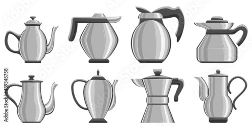 A teapot, a coffee pot made of metal with a plastic handle. Kitchen utensils for making hot drinks and boiling water. Set of vector icons, gray, cartoon, complex flat, isolated