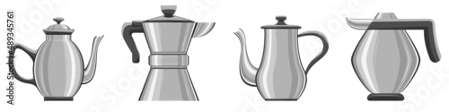 Coffee pot, kettle. Equipment for coffee, tea, herbal infusion, cocoa.  Kitchen utensils, bar, restaurant, home appliance store. Set of vector icons, cartoon, complex flat, isolated