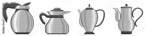 Kettle, coffee pot for making hot drinks and boiling water. Kitchen utensils, bar, restaurant, appliance store. Set of vector icons, gray, cartoon, complex flat, isolated