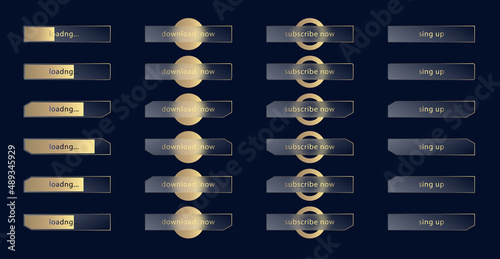 Glass morphism effect. Set of transparent frosted acrylic buttons and loading bars. Gold gradient circles on black blue background. Realistic glassmorphism matte plexiglass shape. Vector