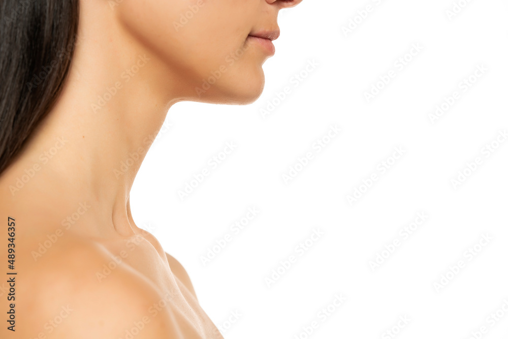 Close up of female neck, chin, lips and shoulder Close up of female neck, chin, lips and shoulder