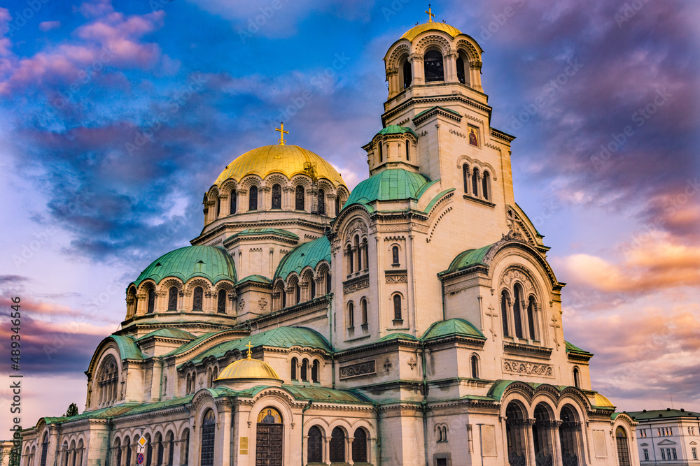 Colorful sunset over Alexander Nevskij Cathedral, Sofia, Bulgaria