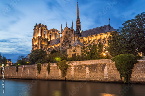 The Cathedral of Notre Dame illuminated during the blue hour, Paris