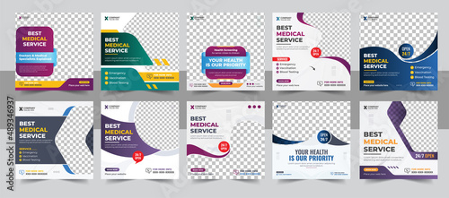 Healthcare post template. Medical promotion square web banner. Mail newsletter layouts. Social media healthcare post. Special offer banner.  Medical vector template bundle