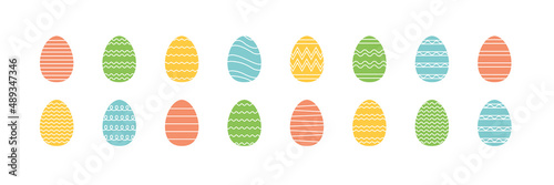 Easter eggs set design. Yellow, red, green and blue eggs collection for Easter holiday. Vector elements in flat style isolated on white background