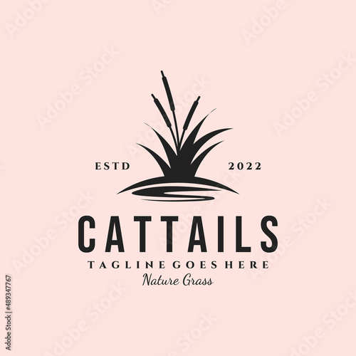 cattails logo vintage with water vector symbol illustration design, river grass logo design