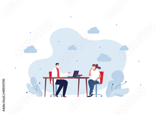 Healthcare concept. Vector flat people illustration. Male doctor and female patient in face mask conversation. Man and woman sitting at desk with laptop. Design for infographic and hospital service.