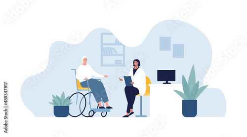 Healthcare for old people concept. Vector flat character illustration. Female doctor and senior patient in wheelchair on office background. Design for infographic and hospital service.