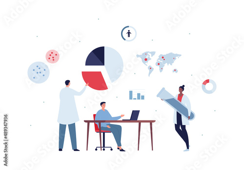 Global healthcare concept. Vector flat character illustration. Mixed ethnic doctor team on world map background. Chart and diagram symbol. Design for infographic and hospital service.