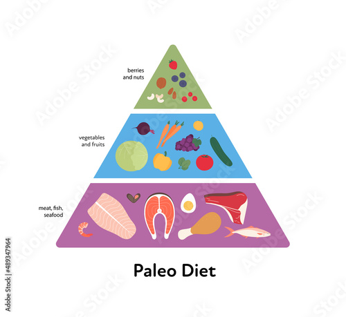 Food guide concept. Vector flat modern illustration. Paleo diet pyramid infographic. Colorful food icon set of berries, nuts, vegetables, fruits, meat, fish, seafood