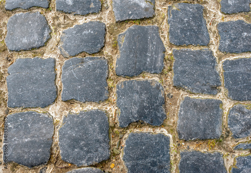 Closeup of cobblestones in the pavement of an old Dutch country road in the province of North Brabant.