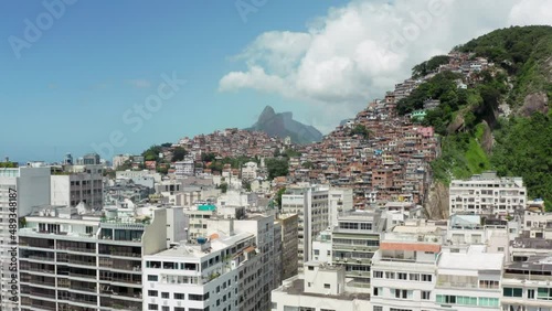 Aerial view Rio de Janeiro Brazil. Poor areas of the city are favelas with huts built on a mountain in a landscape. photo