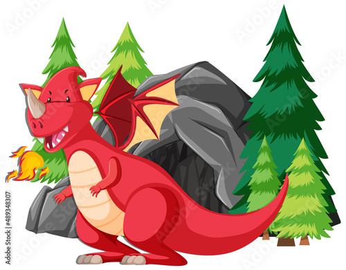 Red dragon breathing fire by the cave