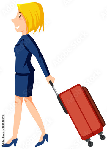 Flight attendant dragging luggage on white background