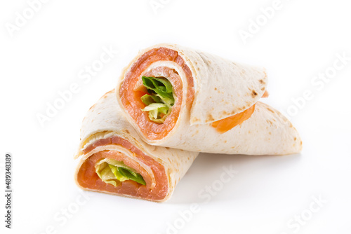 Salmon wrap sandwich roll with cheese and vegetables isolated on white background
