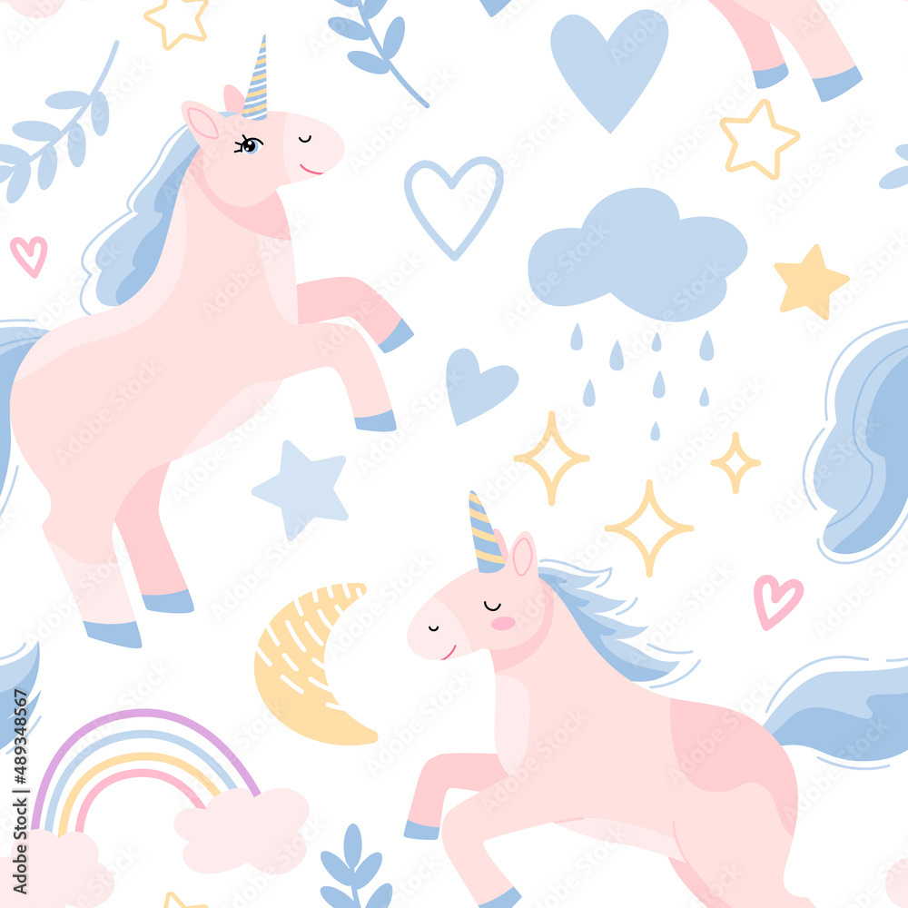 Childish seamless pattern with hand drawn blue unicorns, rainbow and hearts, horses and stars. Trendy cartoon kids vector background. Can be used for wallpaper, scrapbooking, textile, baby clothes. Childish seamless pattern with hand drawn blue unicorns, rainbow and hearts, horses and stars. Trendy cartoon kids vector background. Can be used for wallpaper, scrapbooking, textile, baby clothes.