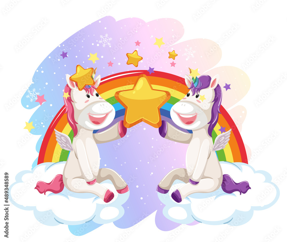 Two unicorns sitting on clouds with rainbow
