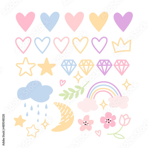 Cute childish set of magical elements for design: rainbow, sparkles, stars, hearts, diamonds, flowers, clouds, crown in pastel colors. Vector illustration. Fairy tale clipart