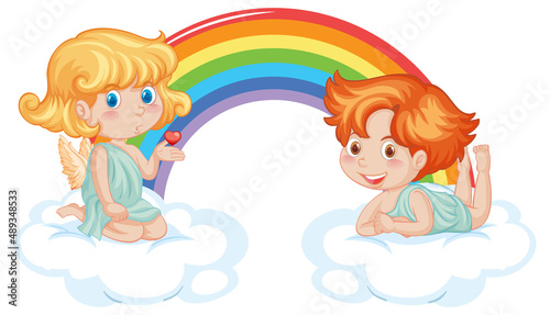 Angel boy and girl on a cloud with rainbow