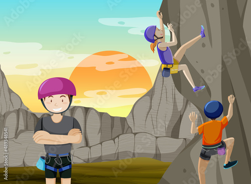 Scene with people climbing rocky moutain