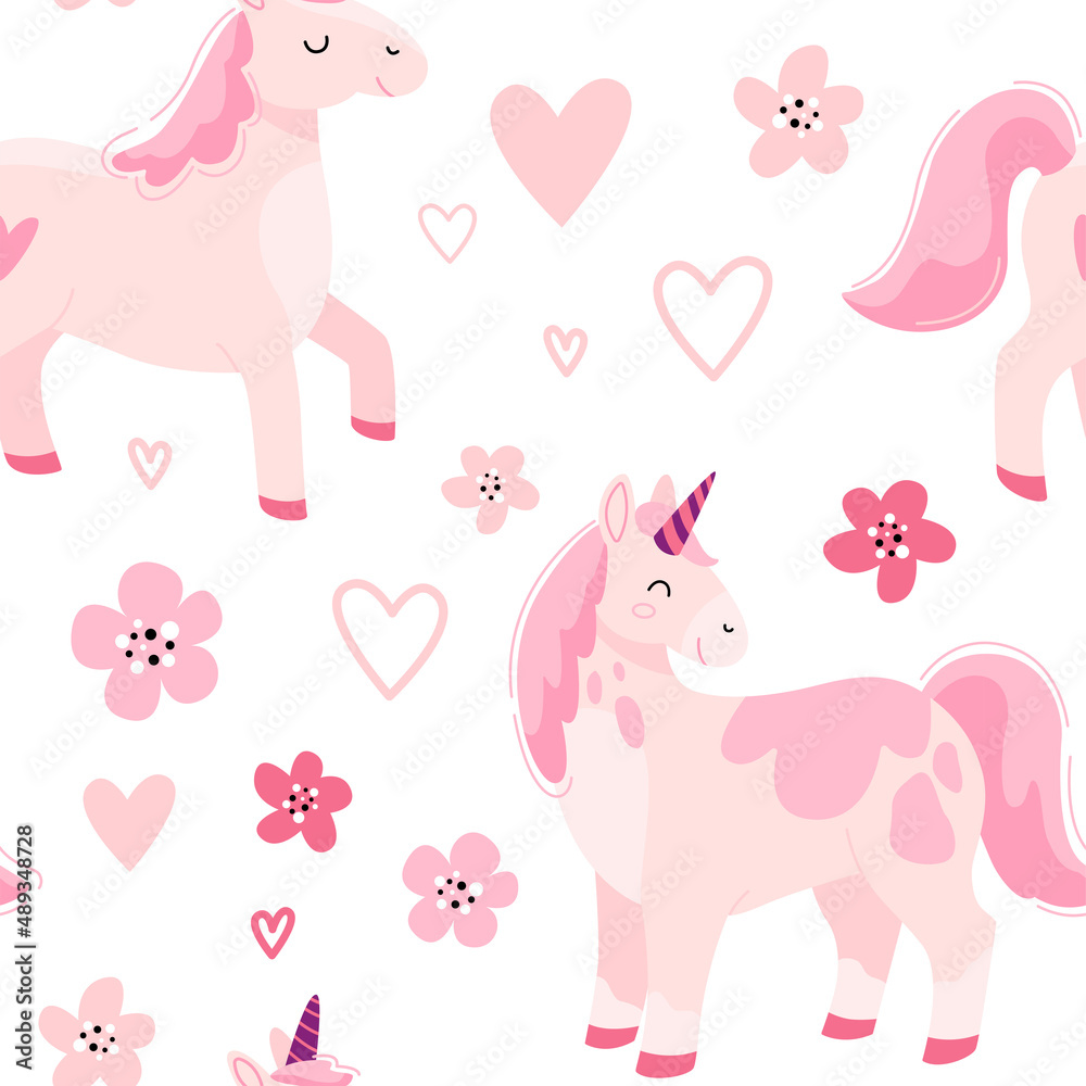 Childish seamless pattern with hand drawn unicorns, hearts, horses and pink flowers. Trendy cartoon kids vector background. Can be used for wallpaper, scrapbooking, textile, baby clothes. 