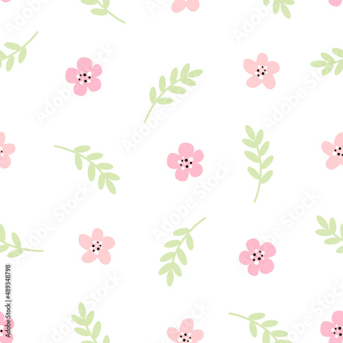 Cute seamless pattern with little pink flowers and leaves  in pastel colors. Can be used for wallpaper, scrapbooking, textile, baby clothes, gift wrapping, paper. Vector illustration