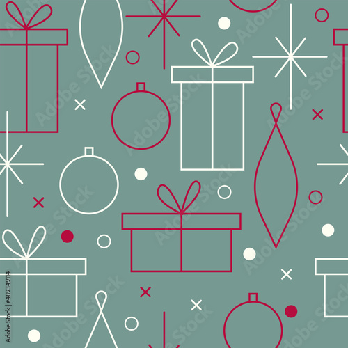 Christmas seamless vector pattern. Minimalistic illustration with snowflakes and Christmas tree decoration ball. Line art, north hugge aesthetic