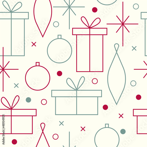 Christmas seamless vector pattern. Minimalistic illustration with snowflakes and Christmas tree decoration ball. Line art, north hugge aesthetic