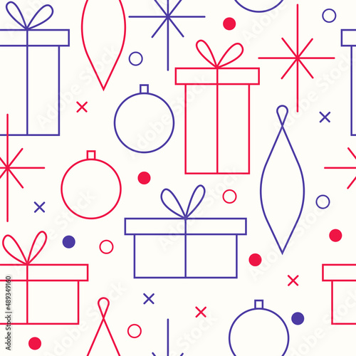 Christmas seamless vector pattern. Minimalistic illustration with snowflakes and Christmas tree decoration ball. Line art, north hugge aesthetic