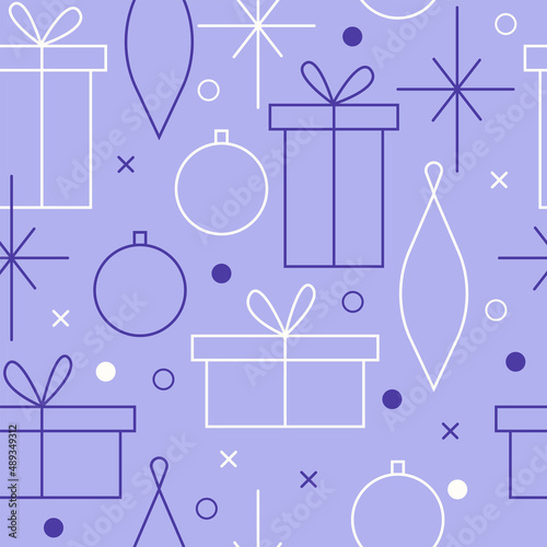 Christmas seamless vector pattern. Minimalistic illustration with snowflakes and Christmas tree decoration ball. Line art, north hugge aesthetic