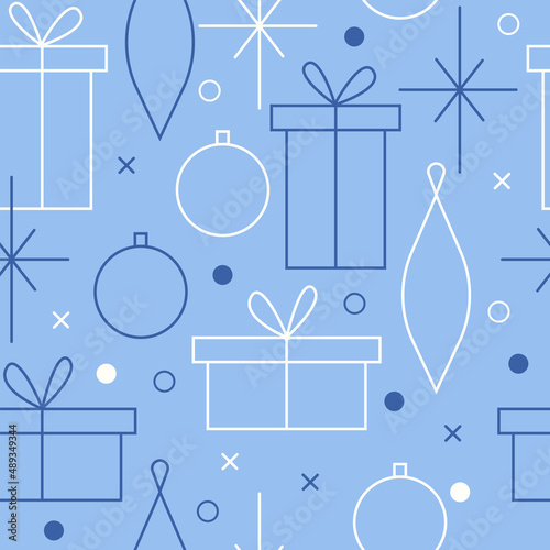 Christmas seamless vector pattern. Minimalistic illustration with snowflakes and Christmas tree decoration ball. Line art, north hugge aesthetic