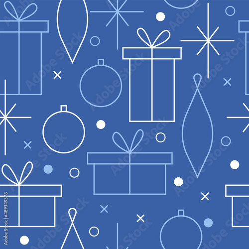 Christmas seamless vector pattern. Minimalistic illustration with snowflakes and Christmas tree decoration ball. Line art, north hugge aesthetic