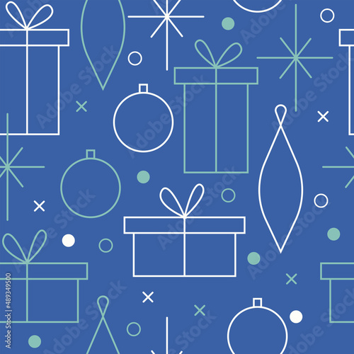 Christmas seamless vector pattern. Minimalistic illustration with snowflakes and Christmas tree decoration ball. Line art, north hugge aesthetic