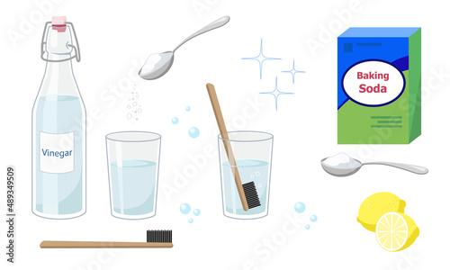 Vinegar and baking soda vector illustration set isolated on white background.
