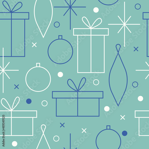 Christmas seamless vector pattern. Minimalistic illustration with snowflakes and Christmas tree decoration ball. Line art, north hugge aesthetic