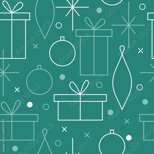Christmas seamless vector pattern. Minimalistic illustration with snowflakes and Christmas tree decoration ball. Line art, north hugge aesthetic