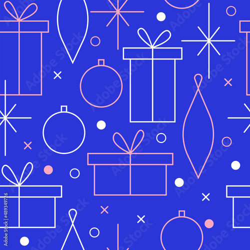 Christmas seamless vector pattern. Minimalistic illustration with snowflakes and Christmas tree decoration ball. Line art, north hugge aesthetic