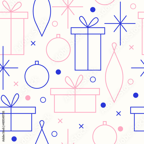 Christmas seamless vector pattern. Minimalistic illustration with snowflakes and Christmas tree decoration ball. Line art, north hugge aesthetic