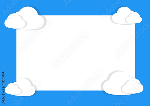 The background is decorated with clouds on the edge