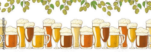 Beer glasses and hop. Pub or bar menu design template. Horizontal seamless background. Hand drawn vector illustration.