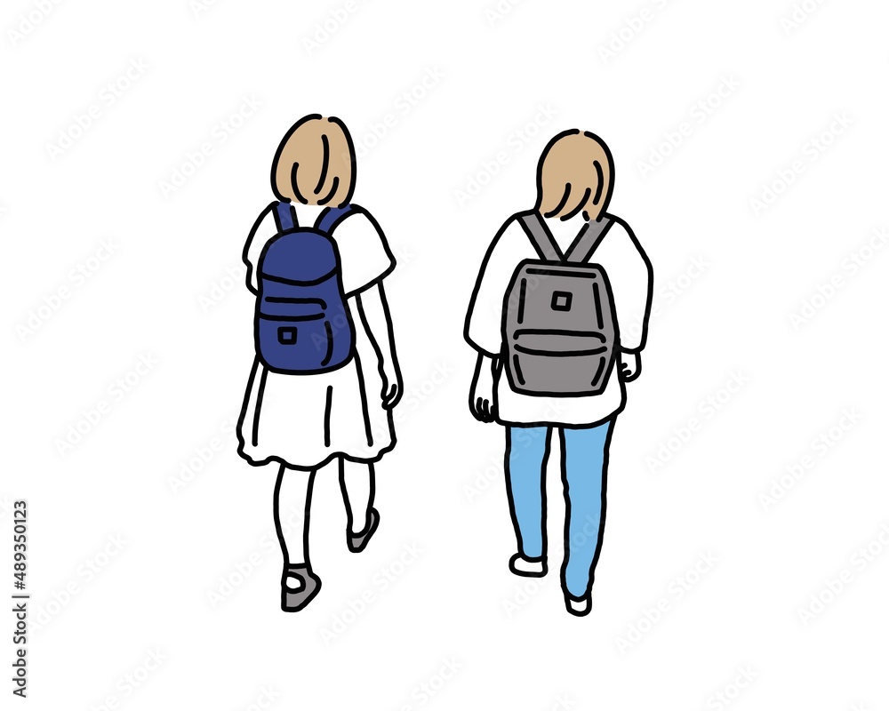 リュックを背負って並んで歩く女性 リュックを背負って並んで歩く女性