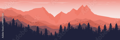 sunrise mountain with forest silhouette flat design vector banner template good for web banner, ads banner, tourism banner, wallpaper, background template, and adventure design backdrop
